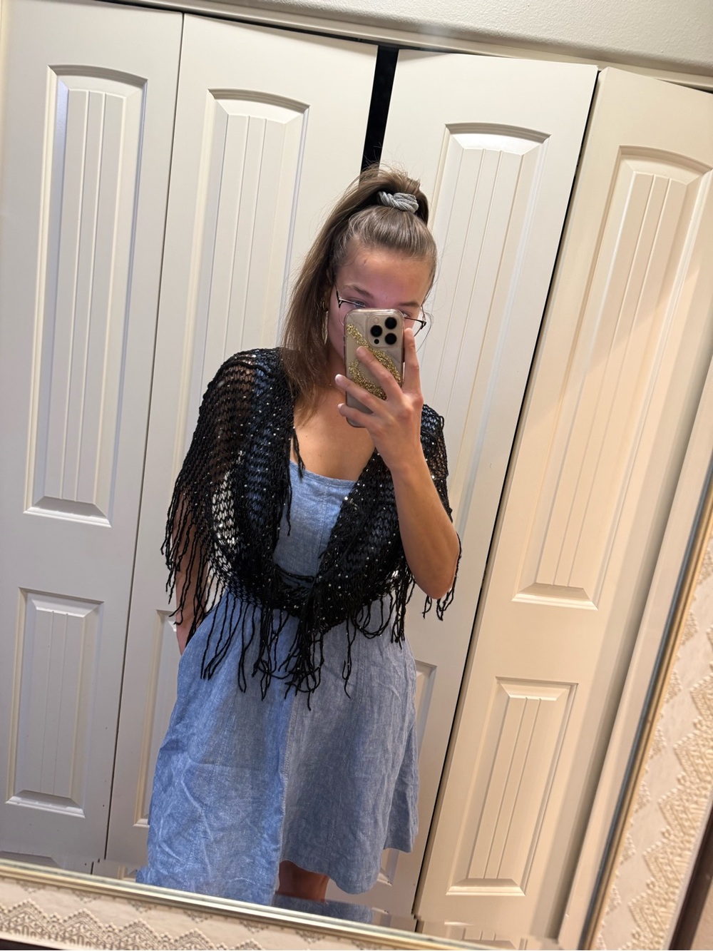 Black Fringe Open-Knit Shawl Wrap - Women